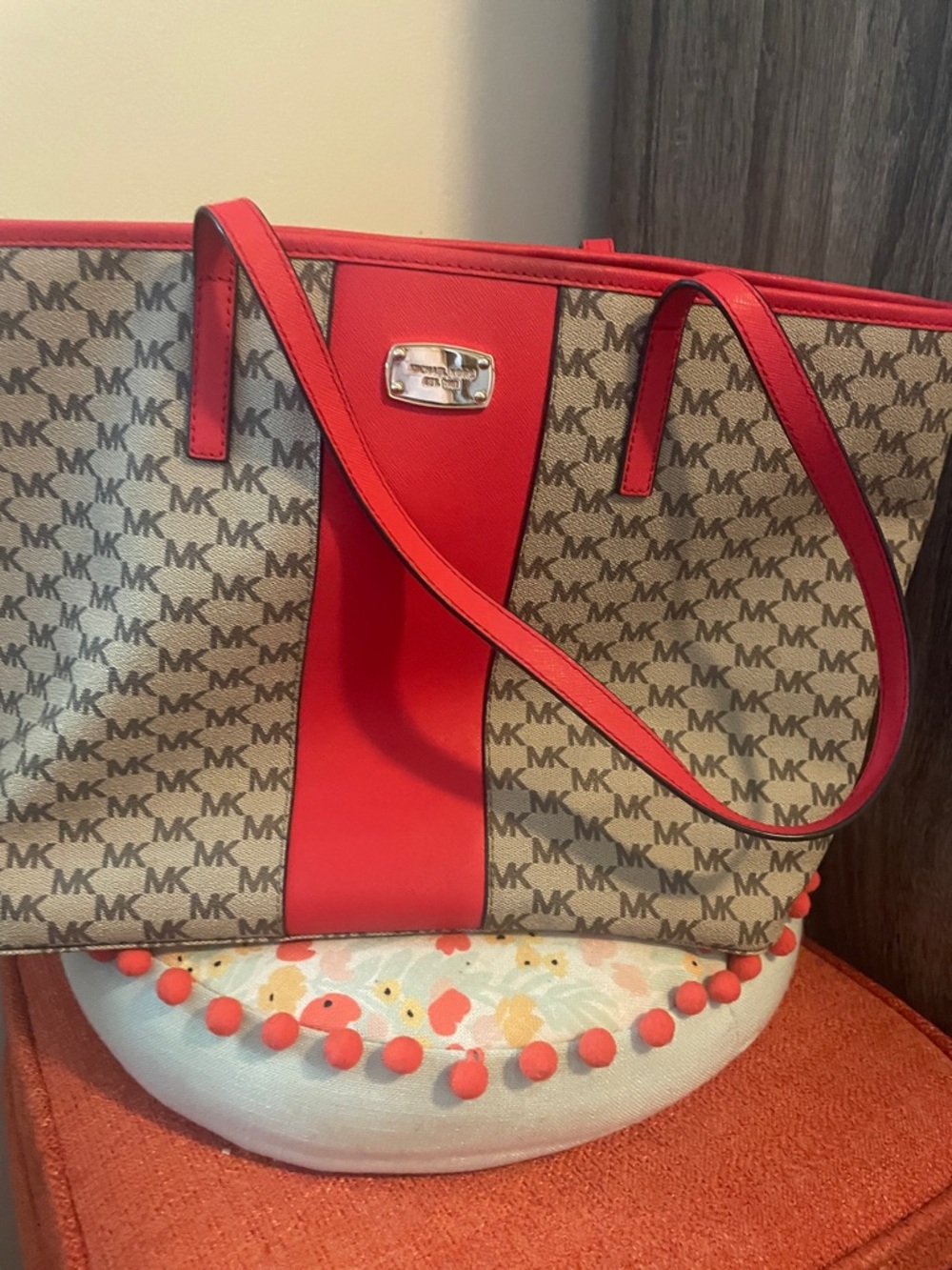 Michael Kors Beige MK Monogram Tote with Red Trim
